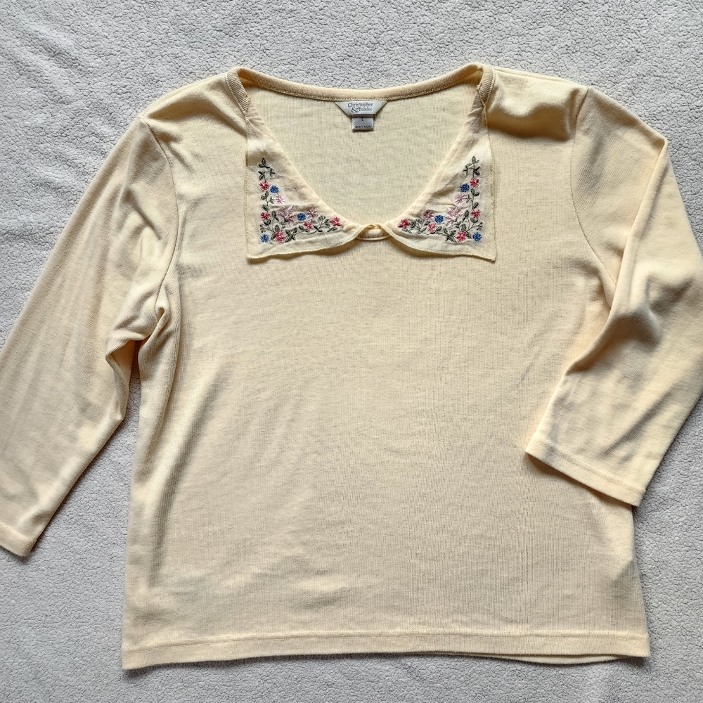 Floral Embroidered Collar Butter Yellow Shirt